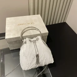 JIMMY CHOO Shoulder Bags Satin Mesh White-Silver 16X15X9.5CM H5010066575