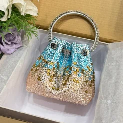 JIMMY CHOO Top Handle Bags Crystal Satin Blue-Gold-Pink 16X15X9.5CM A20010066524