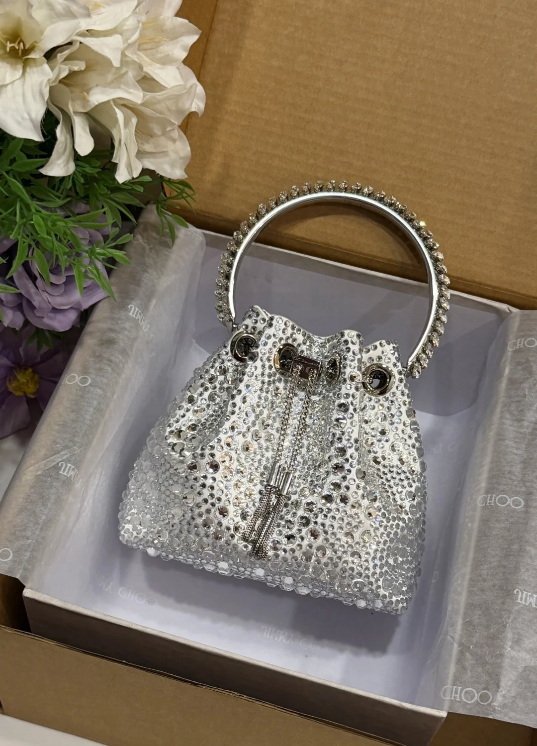 JIMMY CHOO Top Handle Bags Satin Crystal Silver 16X15X9.5CM A20010066510