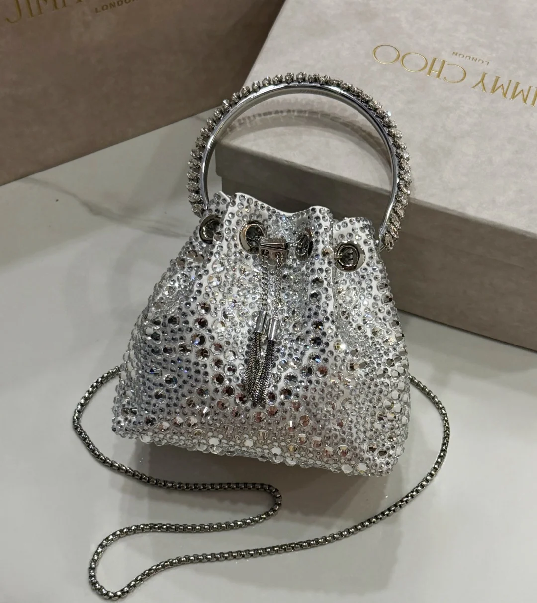 JIMMY CHOO Top Handle Bags Satin Crystal Silver 16X15X9.5CM A20010066510 - Image 4