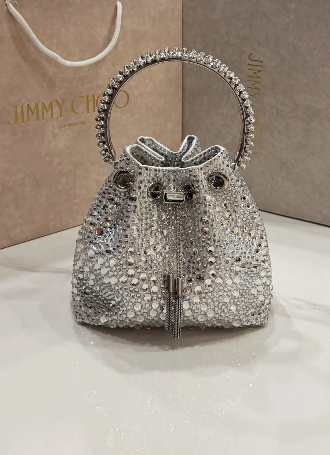 JIMMY CHOO Top Handle Bags Satin Crystal Silver 16X15X9.5CM A20010066510 - Image 5
