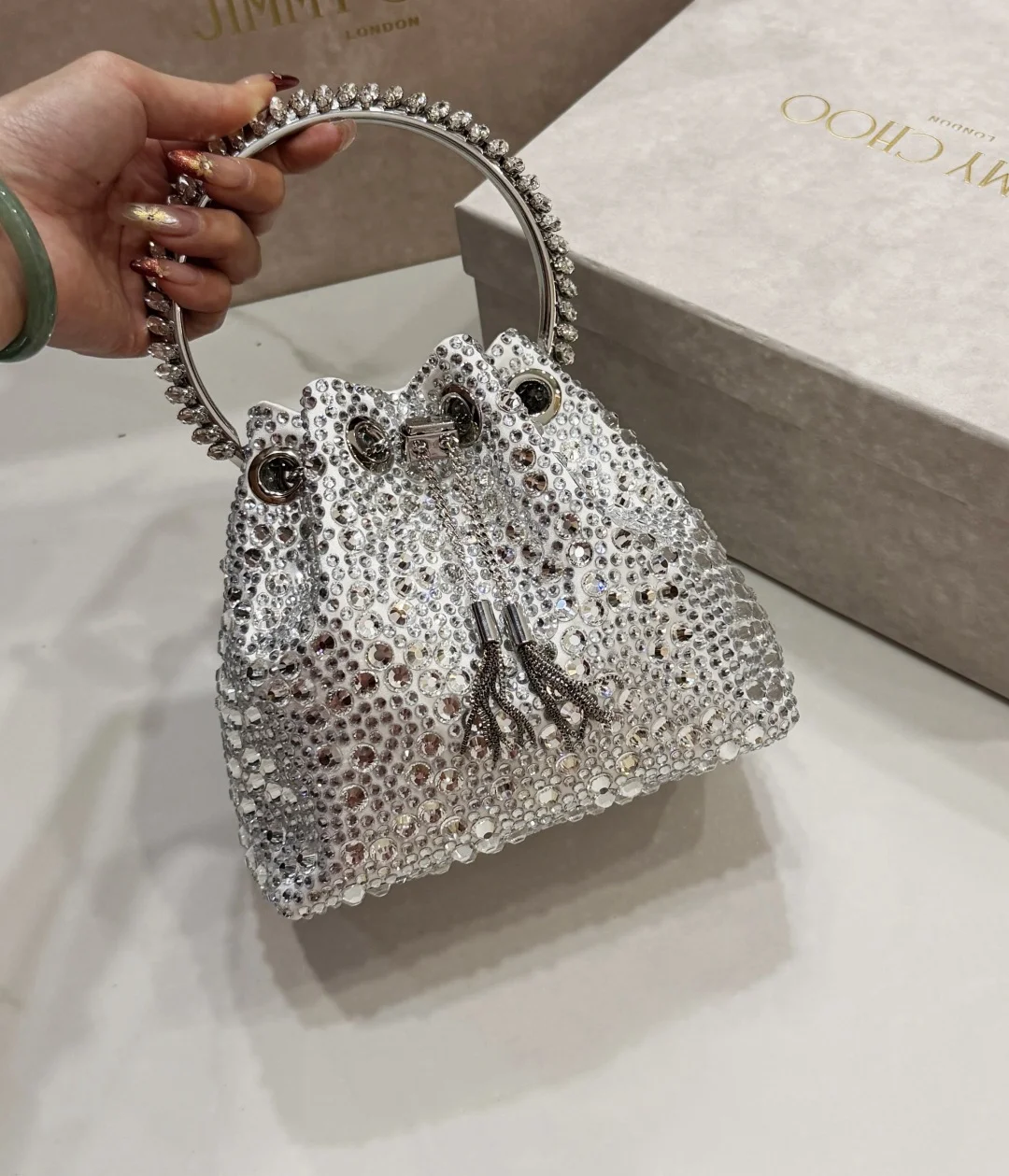 JIMMY CHOO Top Handle Bags Satin Crystal Silver 16X15X9.5CM A20010066510 - Image 6