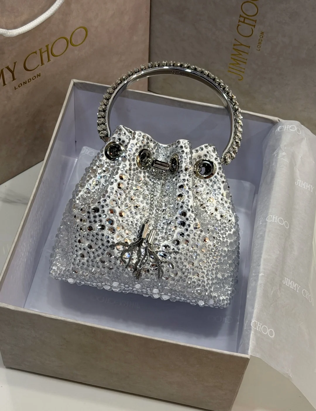 JIMMY CHOO Top Handle Bags Satin Crystal Silver 16X15X9.5CM A20010066510 - Image 8