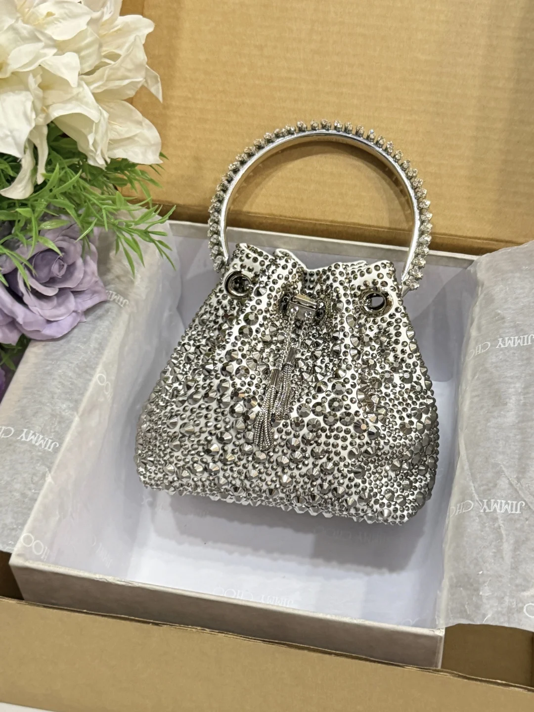 JIMMY CHOO Top Handle Bags Satin Crystal Silver-Black 16X15X9.5CM A20010066522