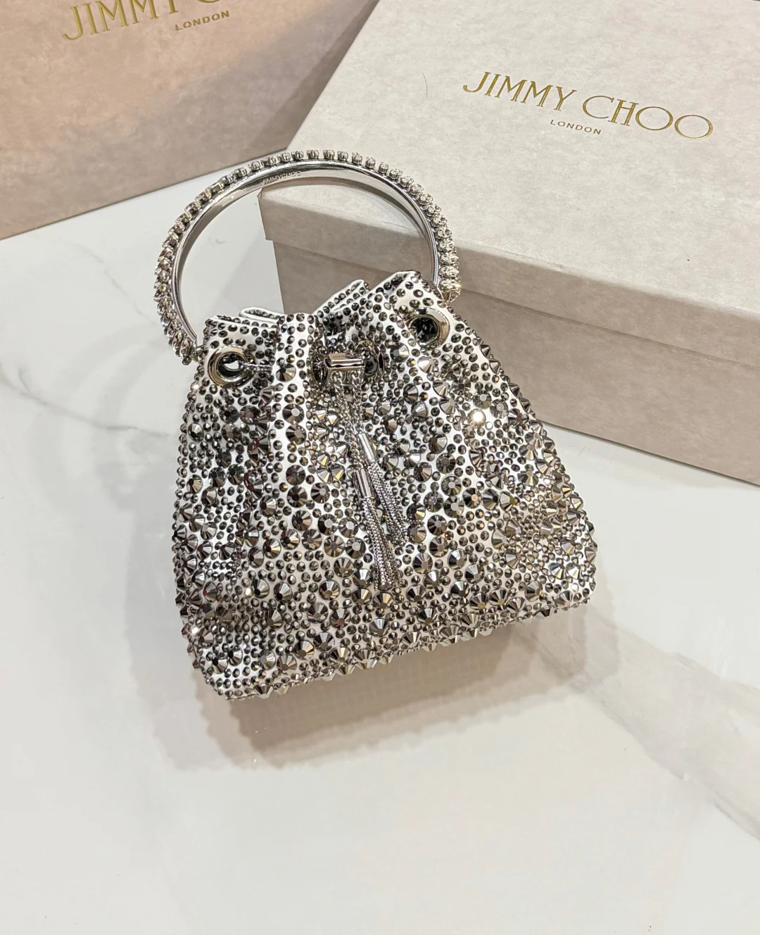 JIMMY CHOO Top Handle Bags Satin Crystal Silver-Black 16X15X9.5CM A20010066522 - Image 2