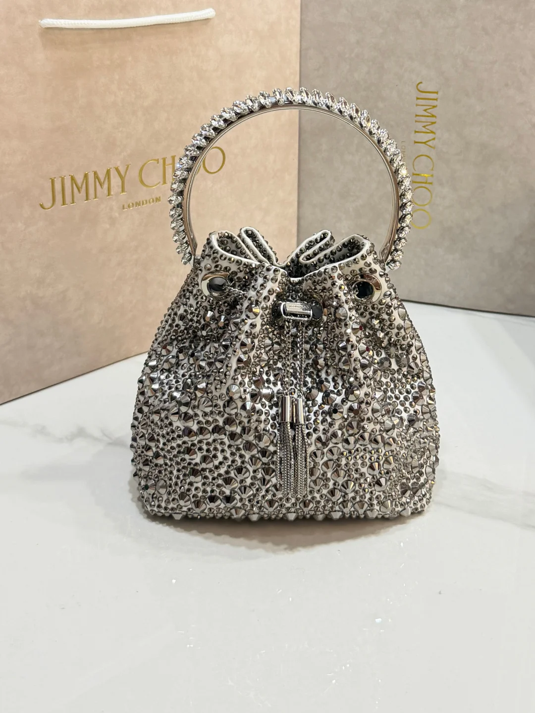 JIMMY CHOO Top Handle Bags Satin Crystal Silver-Black 16X15X9.5CM A20010066522 - Image 5