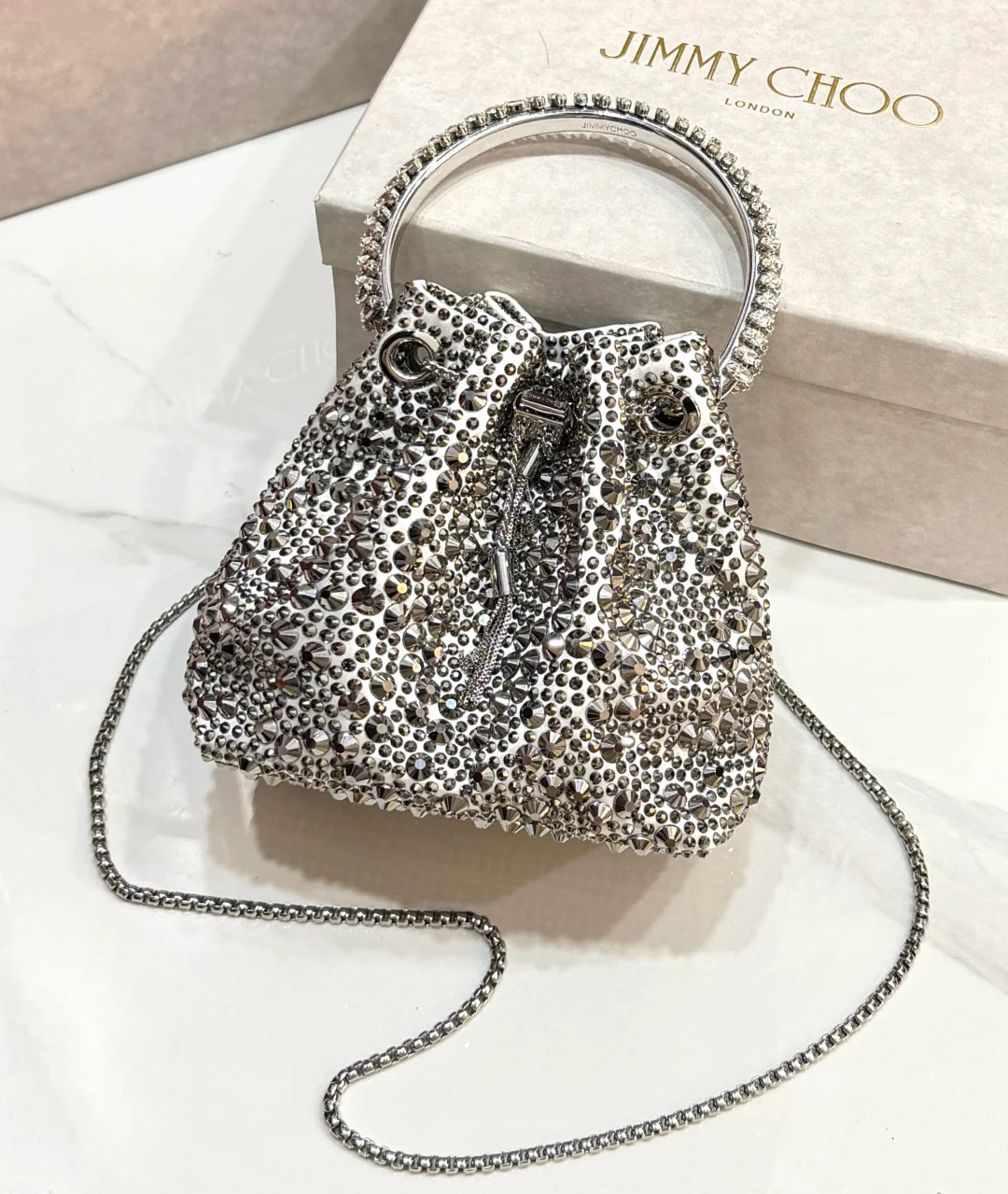 JIMMY CHOO Top Handle Bags Satin Crystal Silver-Black 16X15X9.5CM A20010066522 - Image 6