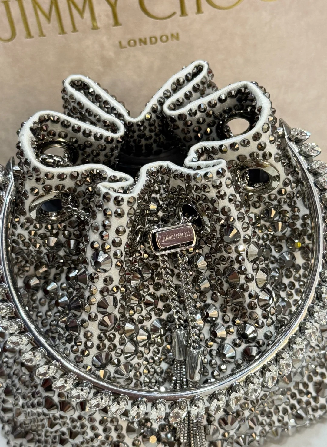JIMMY CHOO Top Handle Bags Satin Crystal Silver-Black 16X15X9.5CM A20010066522 - Image 7