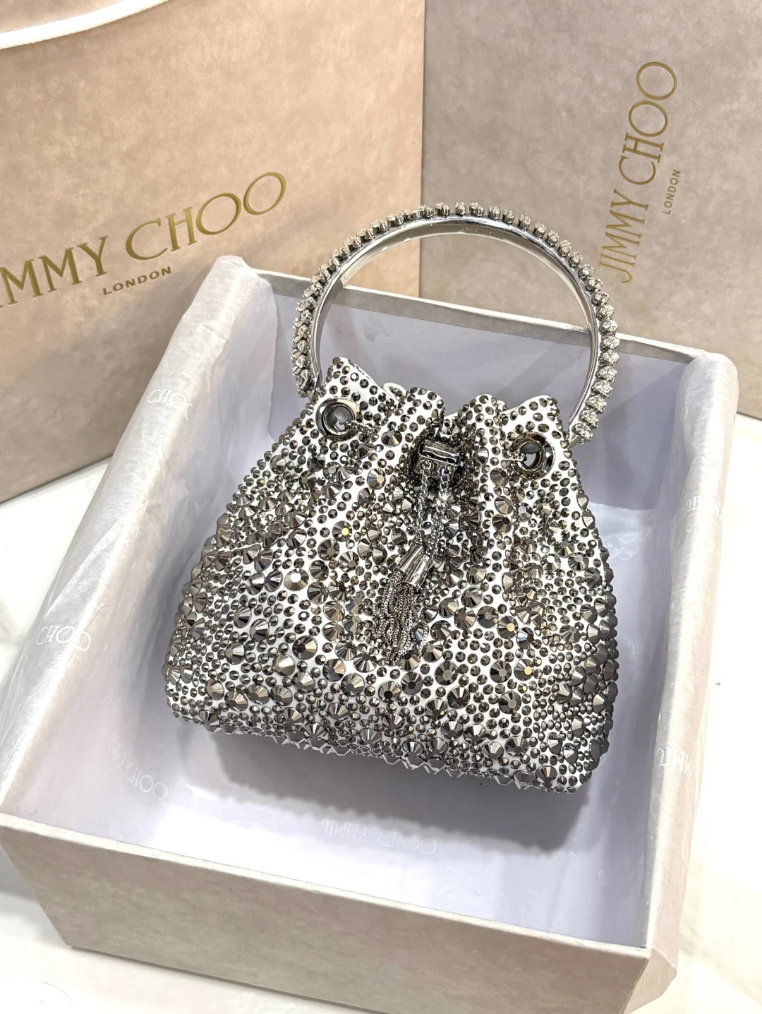 JIMMY CHOO Top Handle Bags Satin Crystal Silver-Black 16X15X9.5CM A20010066522 - Image 8