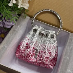 JIMMY CHOO Top Handle Bags Satin Crystal Silver-Pink 16X15X9.5CM A20010066502
