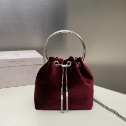 JIMMY CHOO Top Handle Bags Velvet Burgundy-Silver 16X15X9.7CM G8010066557