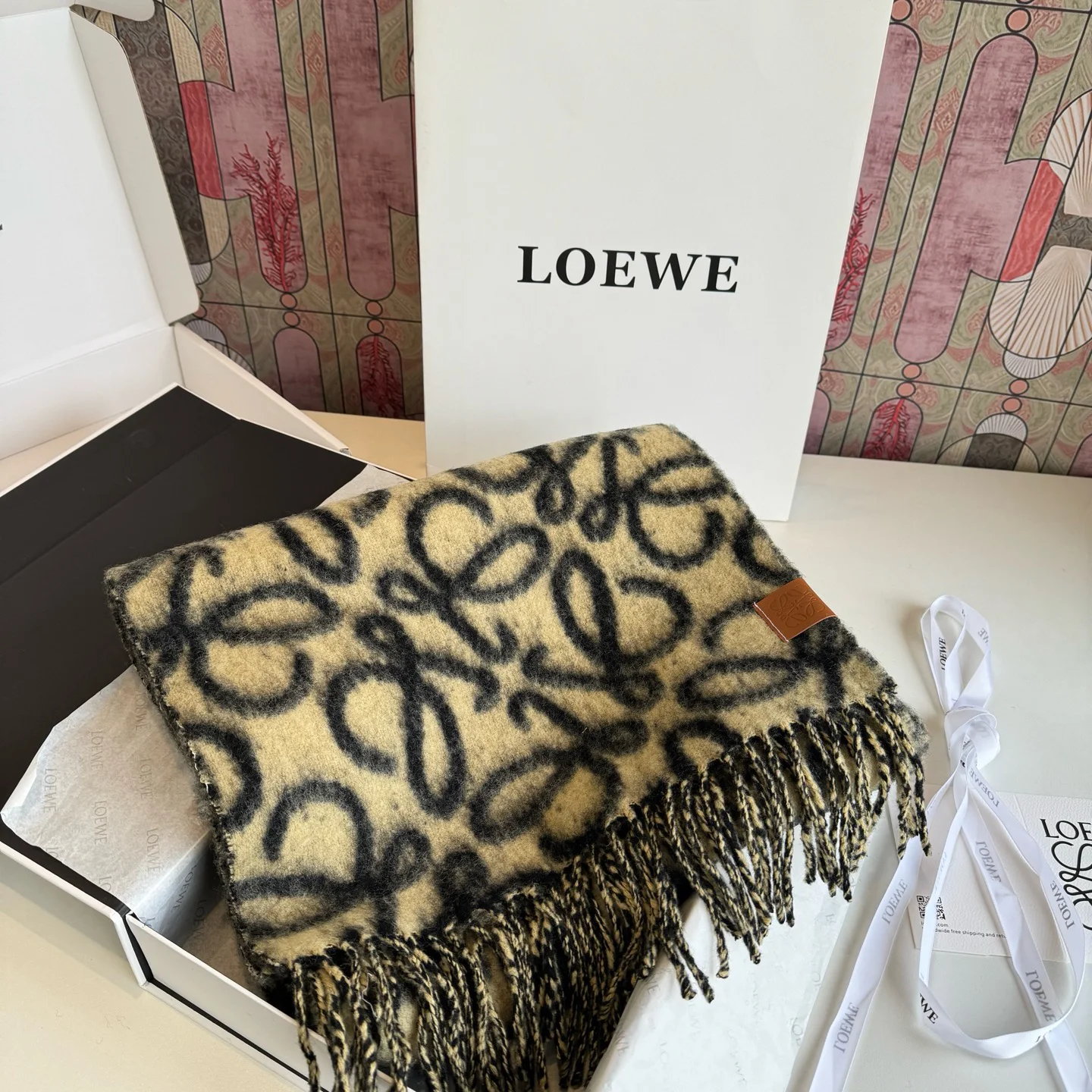 LOEWE Scarves Cashmere Black-Brown-Yellow 32X180 A3510070372 - Image 4