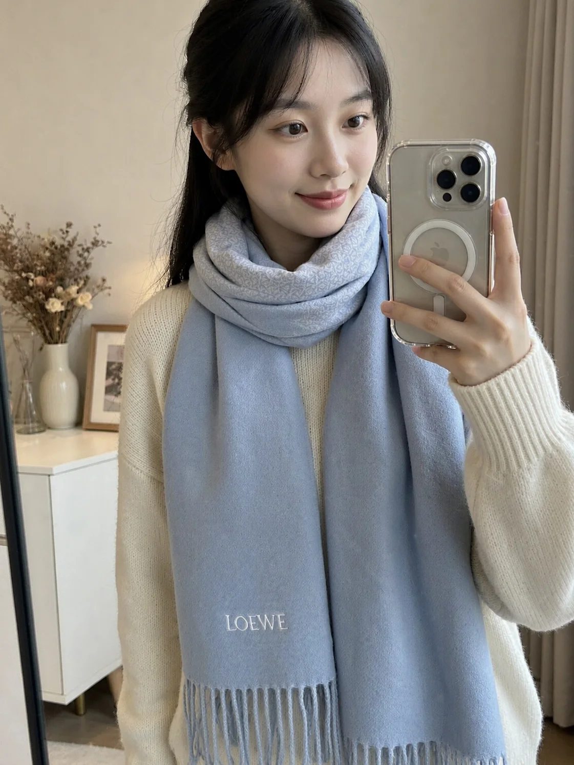 LOEWE Scarves Wool Cashmere Blue-White One Size A1510070543