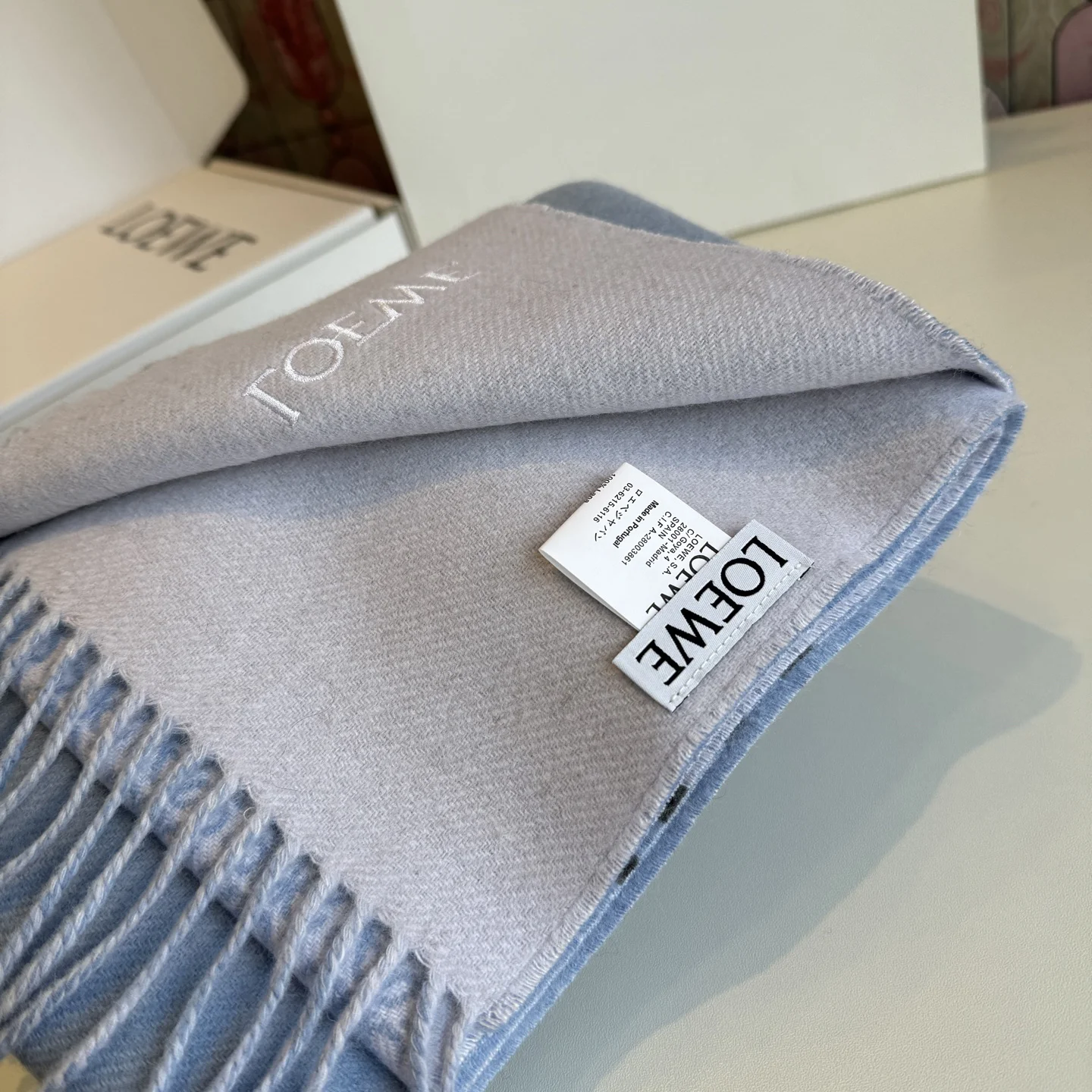 LOEWE Scarves Wool Cashmere Blue-White One Size A1510070543 - Image 10