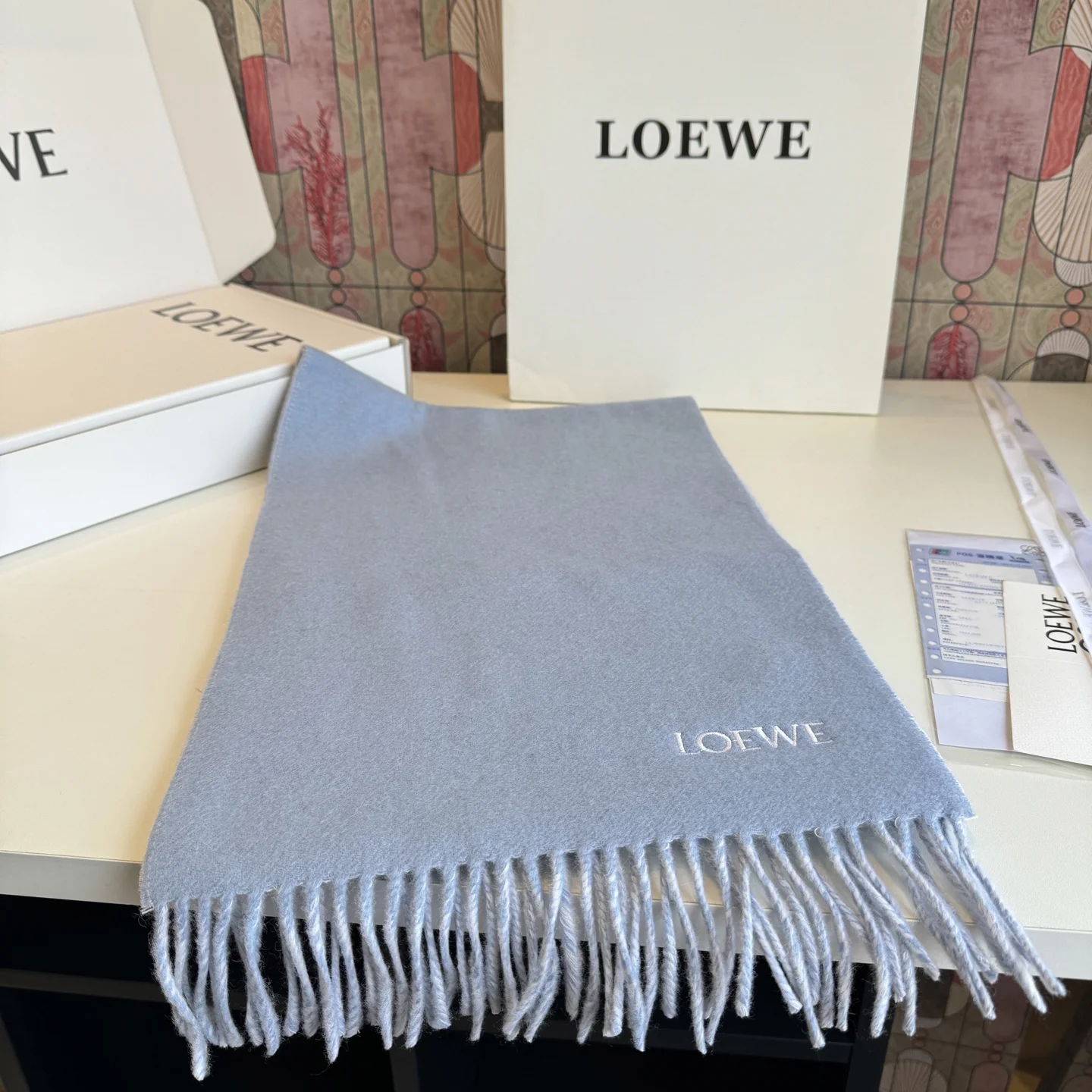 LOEWE Scarves Wool Cashmere Blue-White One Size A1510070543 - Image 11