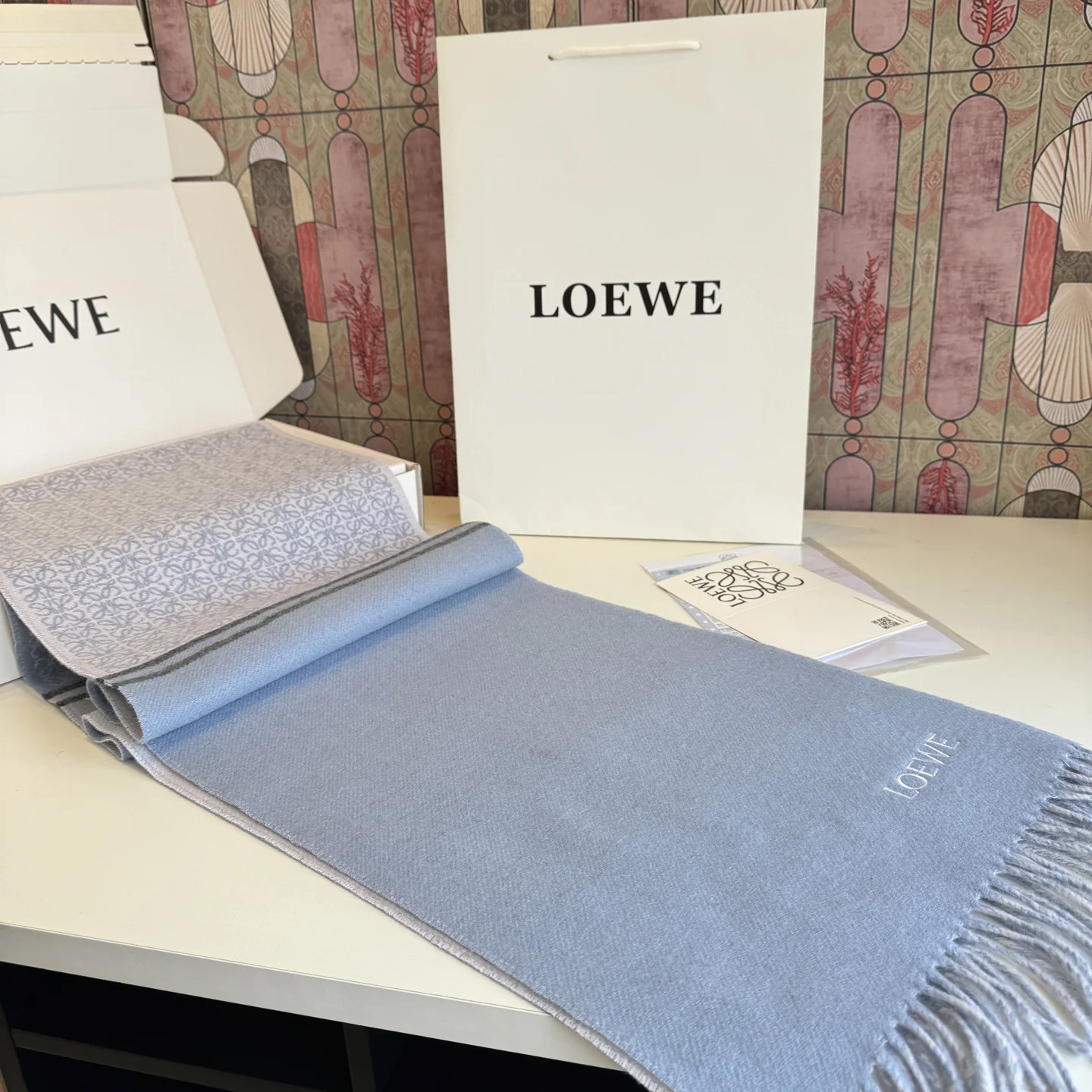 LOEWE Scarves Wool Cashmere Blue-White One Size A1510070543 - Image 13