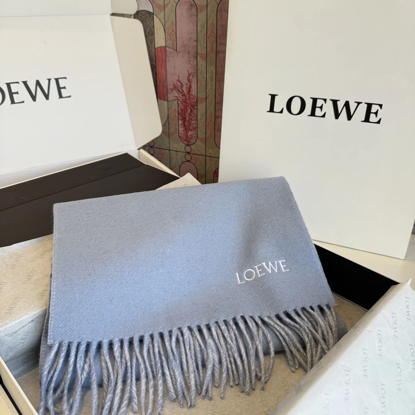 LOEWE Scarves Wool Cashmere Blue-White One Size A1510070543 - Image 14