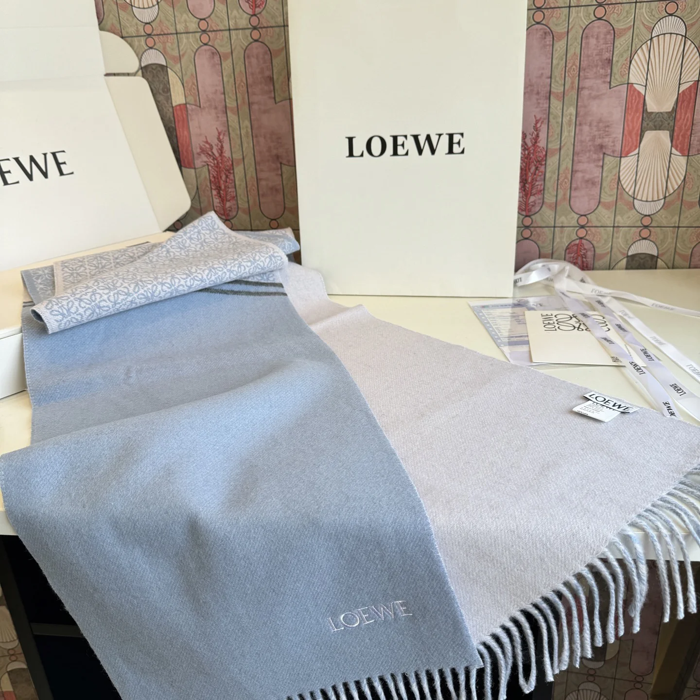LOEWE Scarves Wool Cashmere Blue-White One Size A1510070543 - Image 15