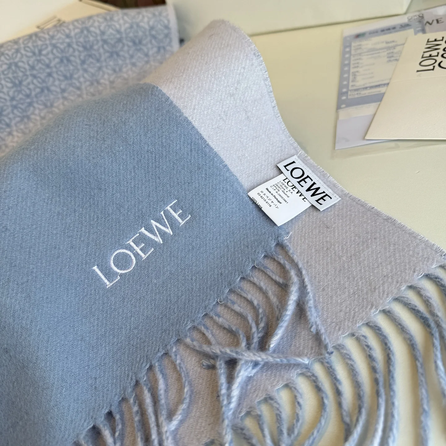 LOEWE Scarves Wool Cashmere Blue-White One Size A1510070543 - Image 2