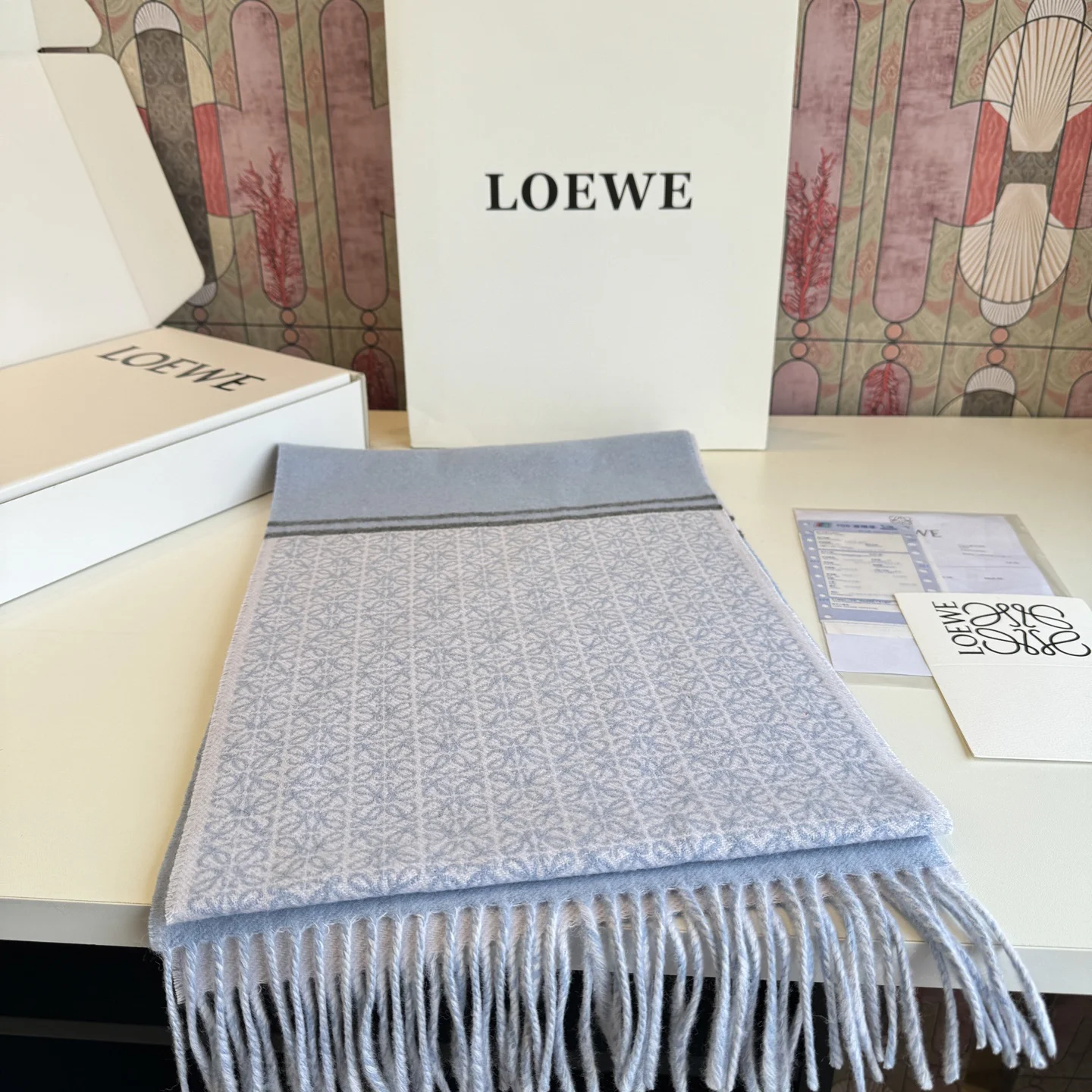 LOEWE Scarves Wool Cashmere Blue-White One Size A1510070543 - Image 3