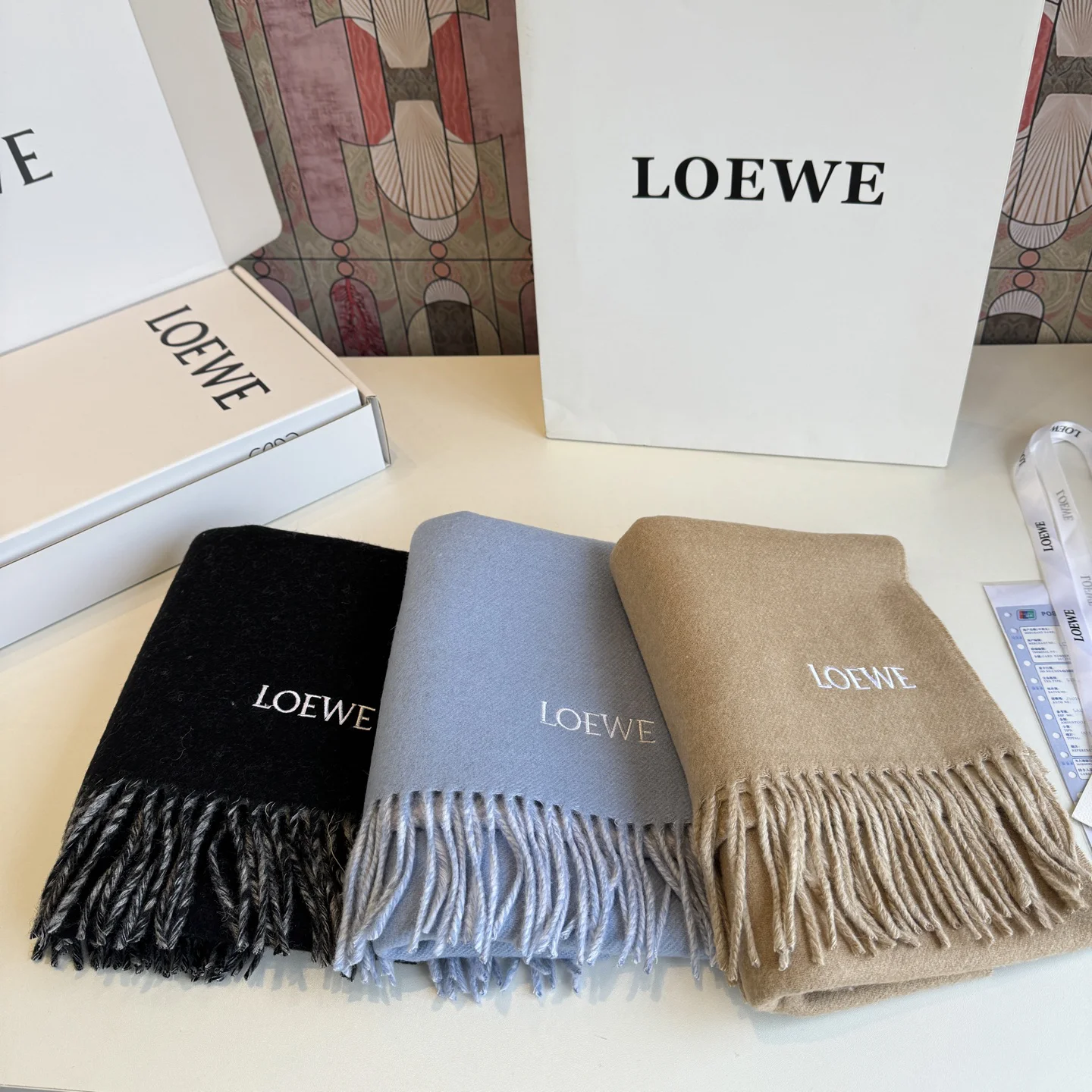 LOEWE Scarves Wool Cashmere Blue-White One Size A1510070543 - Image 4