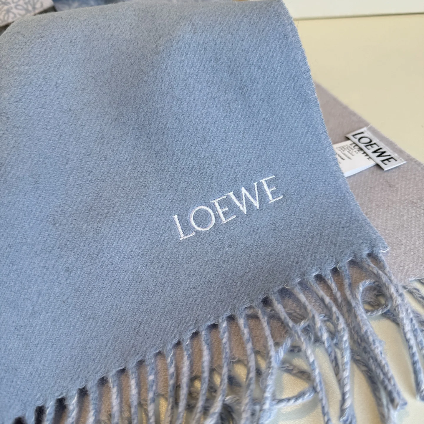 LOEWE Scarves Wool Cashmere Blue-White One Size A1510070543 - Image 5