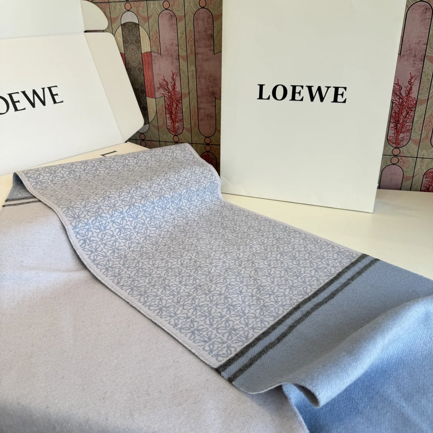 LOEWE Scarves Wool Cashmere Blue-White One Size A1510070543 - Image 6