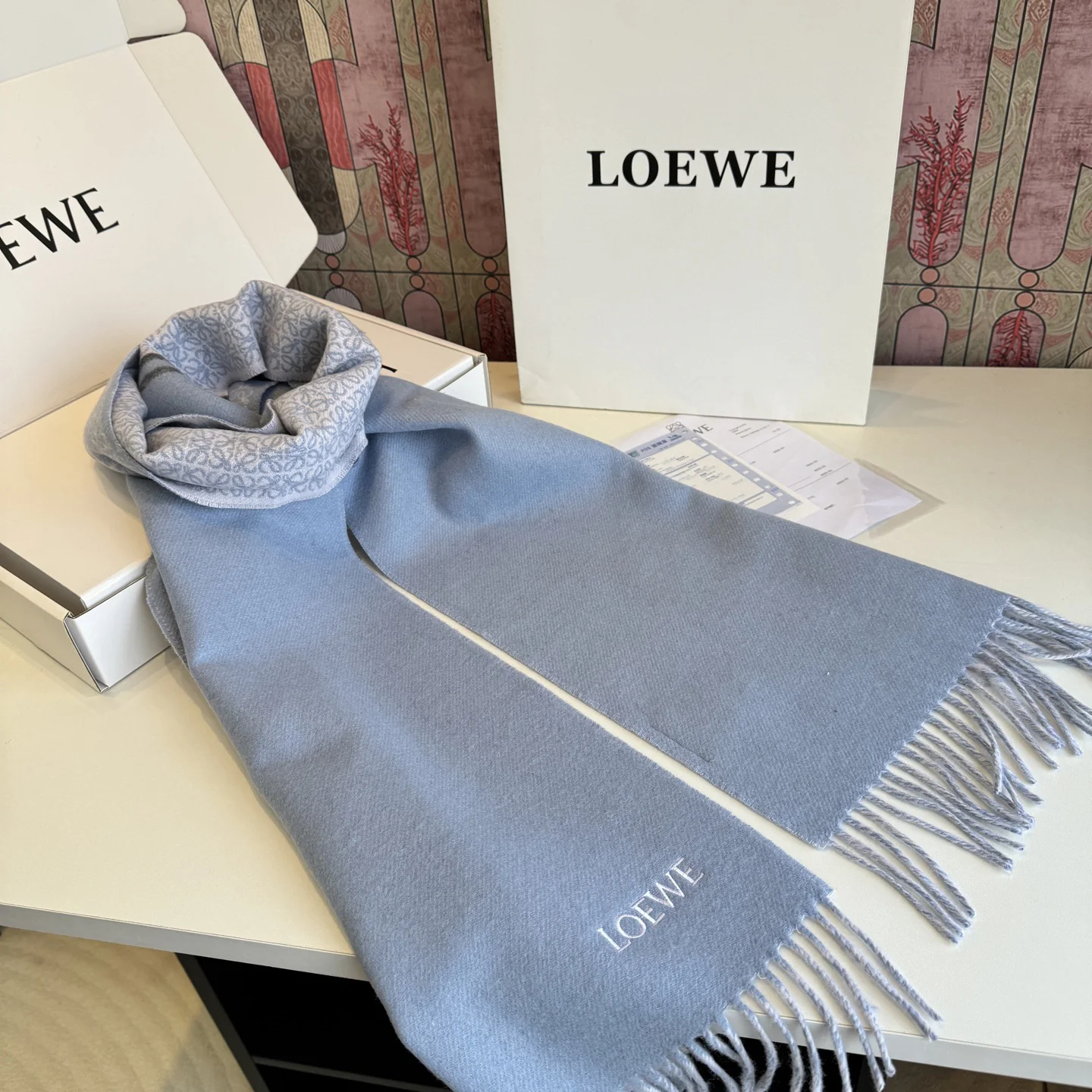 LOEWE Scarves Wool Cashmere Blue-White One Size A1510070543 - Image 7