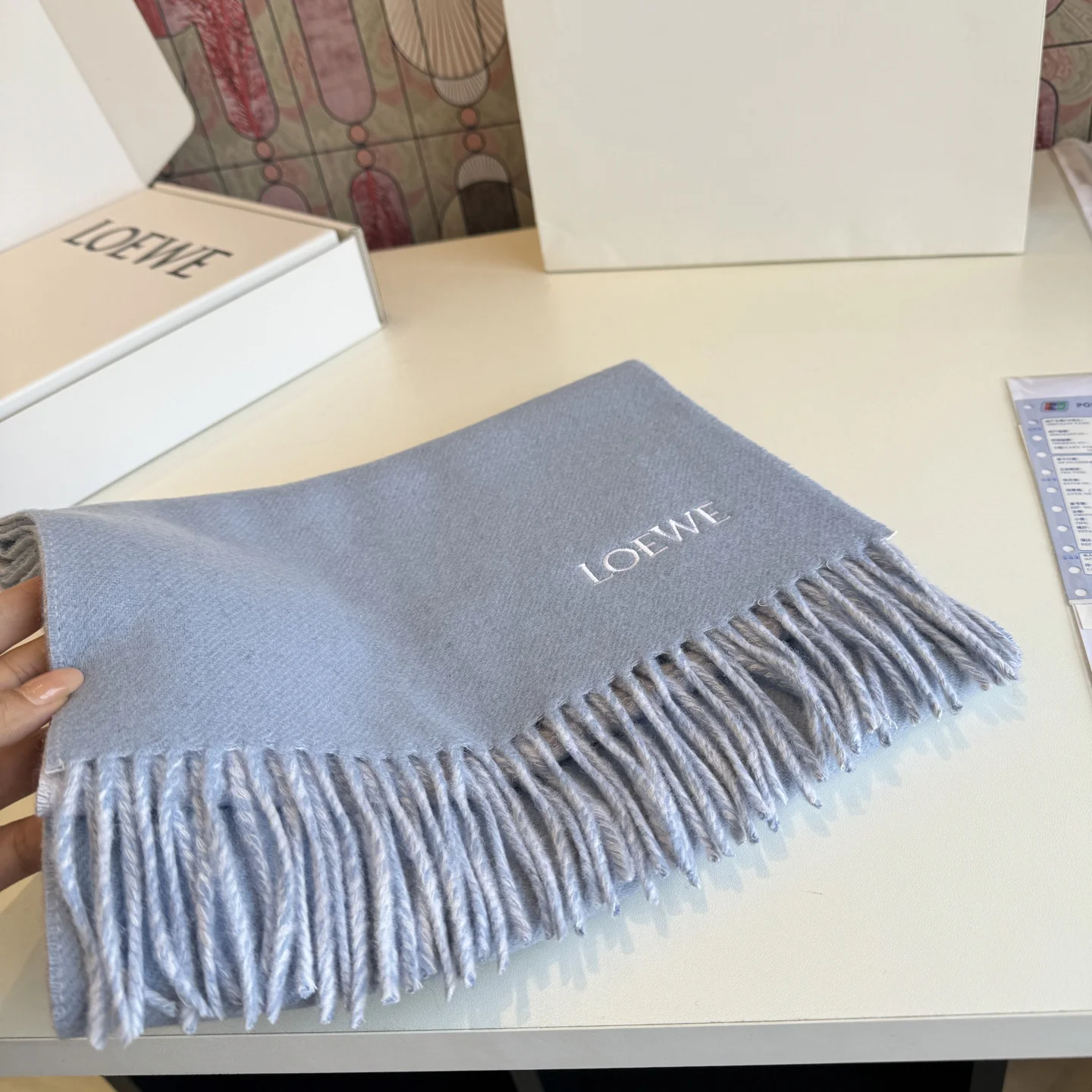 LOEWE Scarves Wool Cashmere Blue-White One Size A1510070543 - Image 9