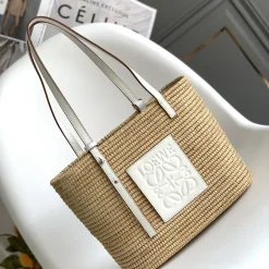 LOEWE Totes Bags Raffia Leather Tan-White 30X21X11CM F0010063838