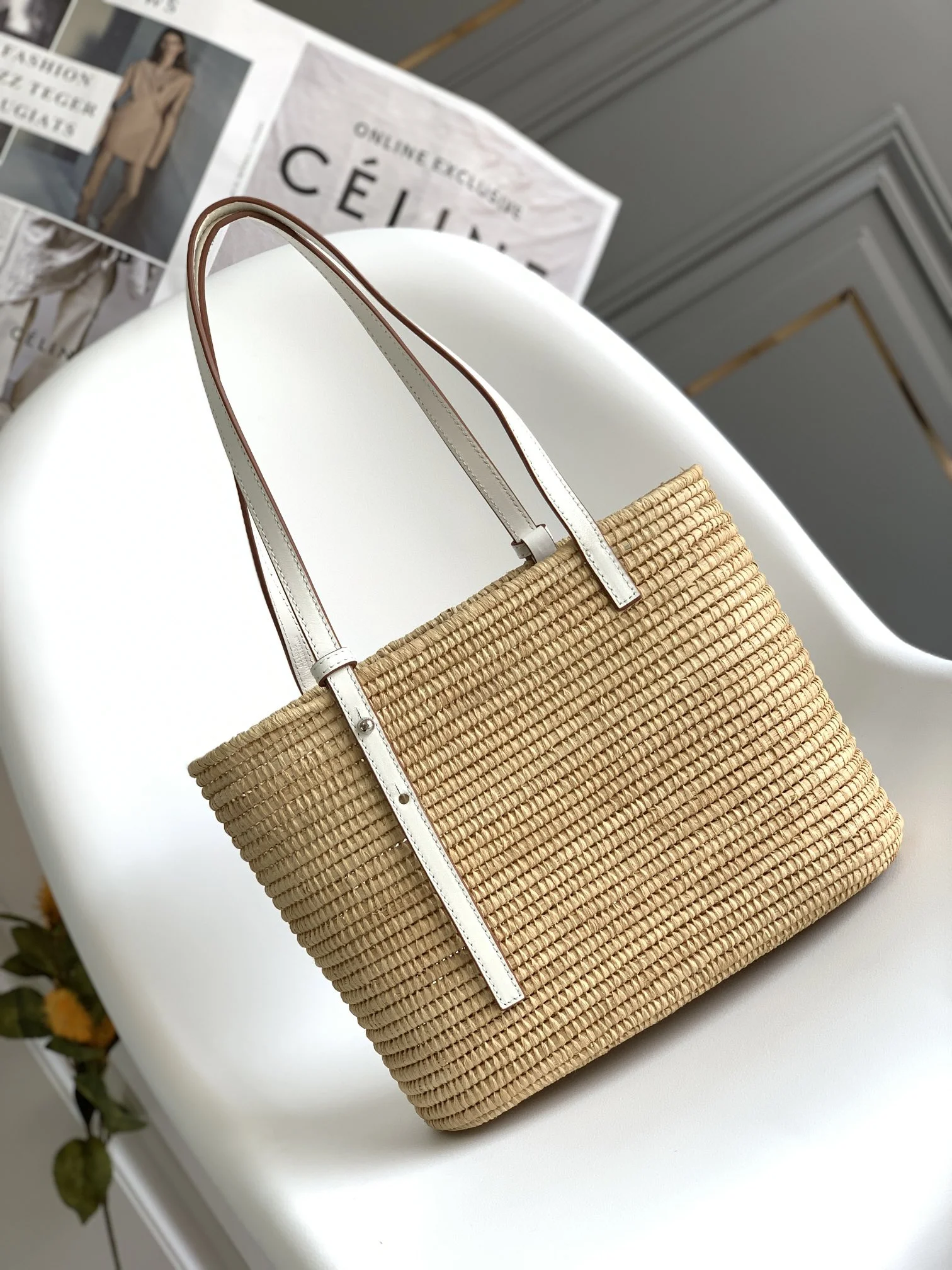LOEWE Totes Bags Raffia Leather Tan-White 30X21X11CM F0010063838 - Image 3