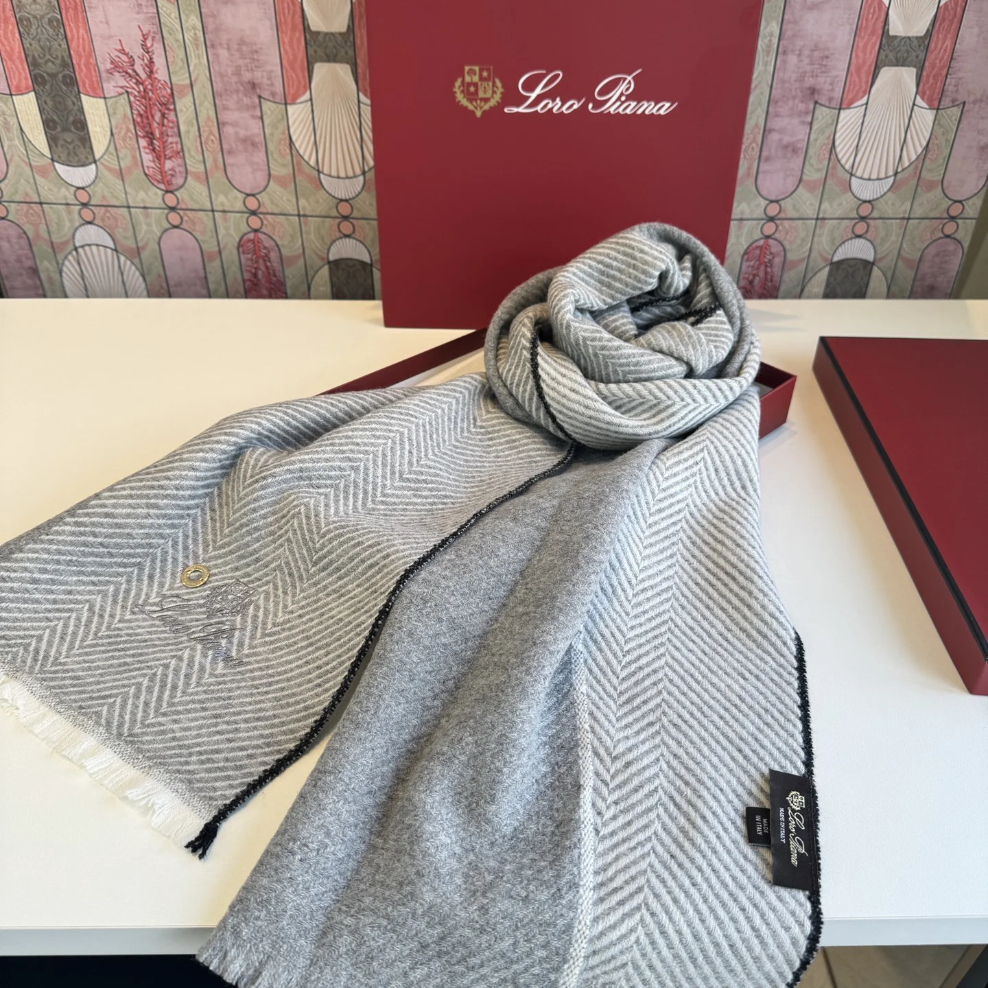 LORO PIANA Scarves Cashmere Grey-Black 45_200CM A5010071070 - Image 8