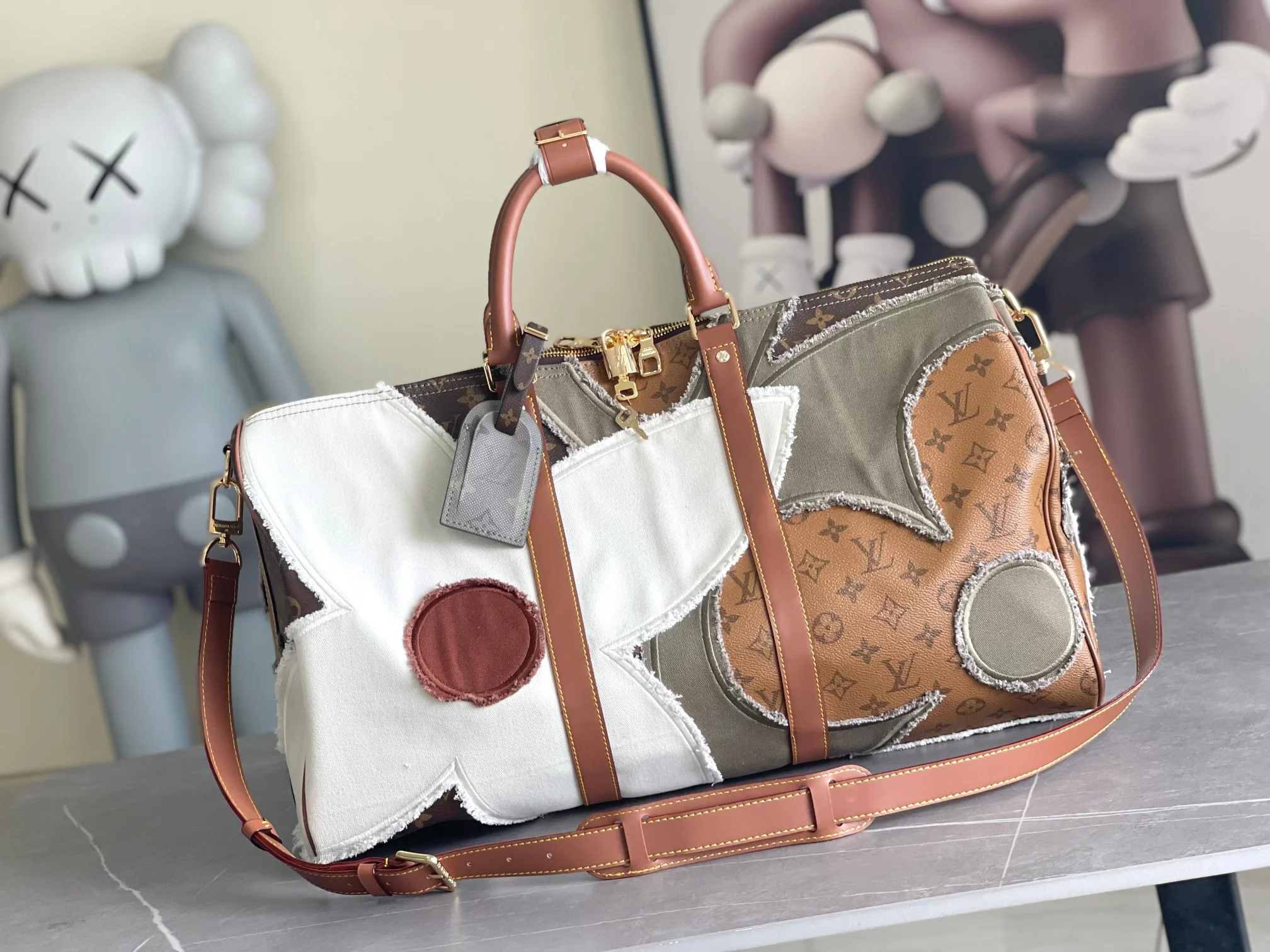LV Duffles Bags Calf Leather Brown-White 50X29X23CM H8010062756