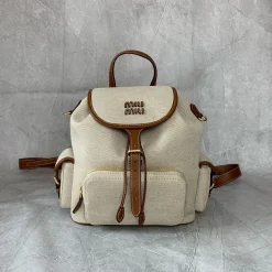 MIU MIU Backpacks Bags Canvas Calf Leather Beige-Brown 29.5X25X12.5CM G6010063246