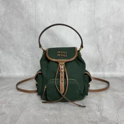 MIU MIU Backpacks Bags Canvas Calf Leather Green-Brown 22X18X11.5CM G3010063130