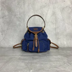 MIU MIU Backpacks Bags Canvas Calfskin Blue-Brown 22X18X11.5CM G3010063137
