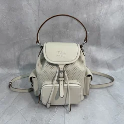 MIU MIU Backpacks Bags Perforated Leather Cream-Brown 18X22X11.5CM I5010062710