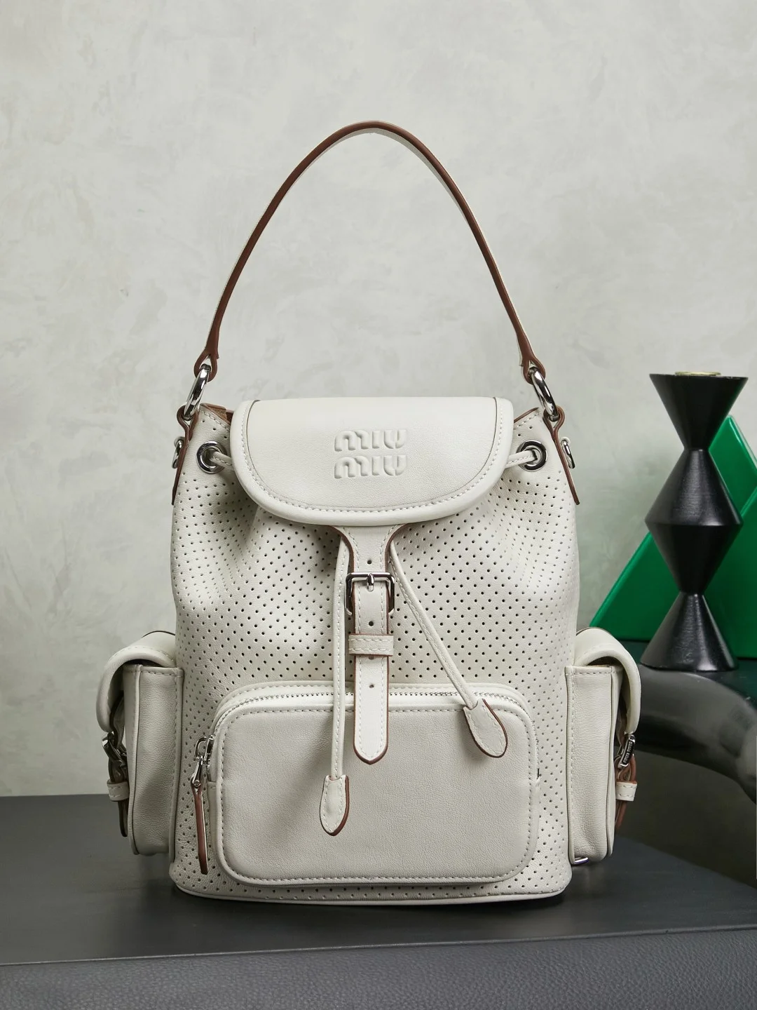 MIU MIU Backpacks Bags White-Brown 22X18X11.5CM I5010061056