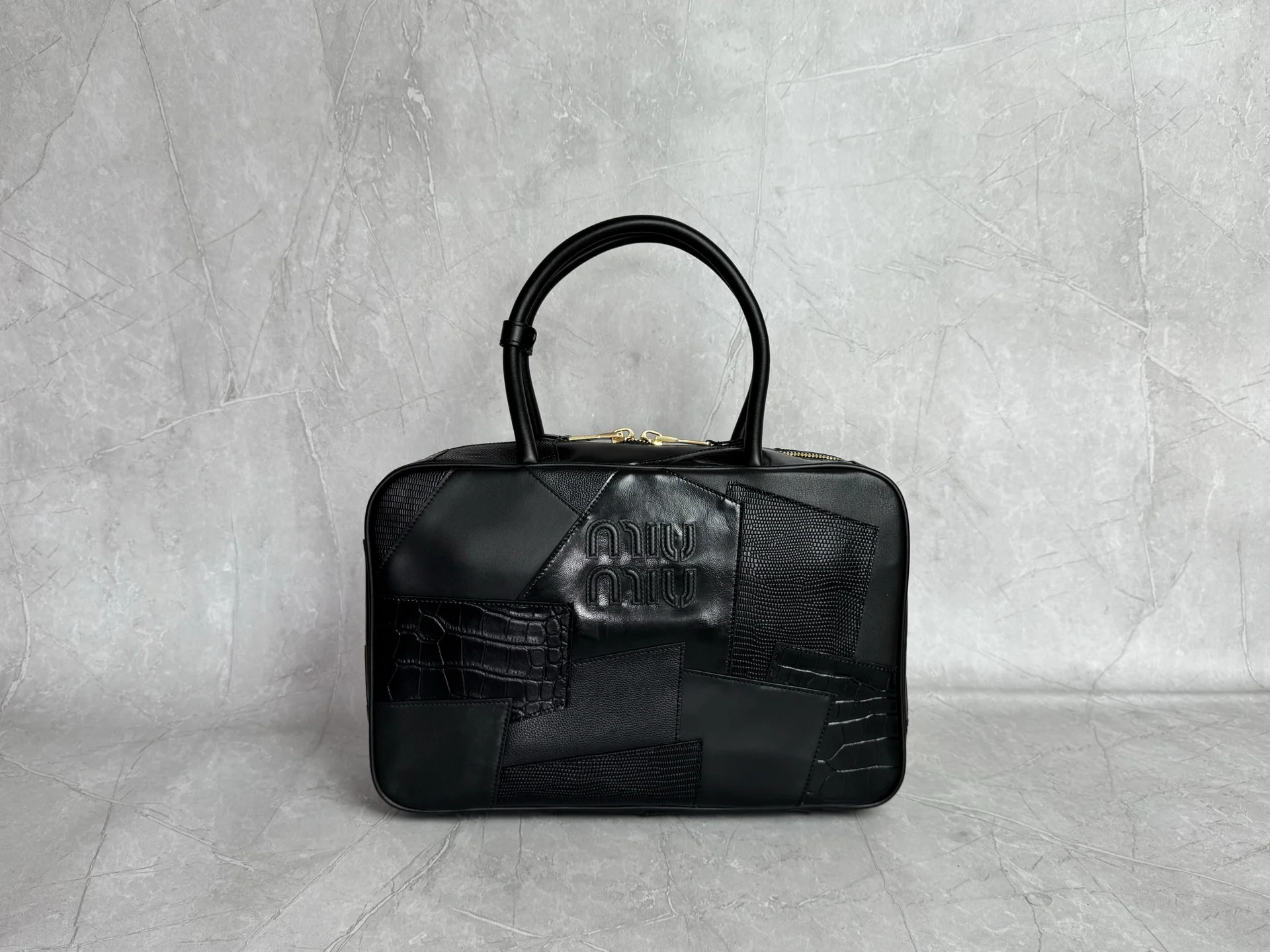 MIU MIU Briefcases Bags Mixed Leather Black-Gold 34X23X12CM I5010062996