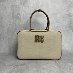 MIU MIU Casual Bags Canvas Calf Leather Beige-Brown 34X23X12CM F8010062825