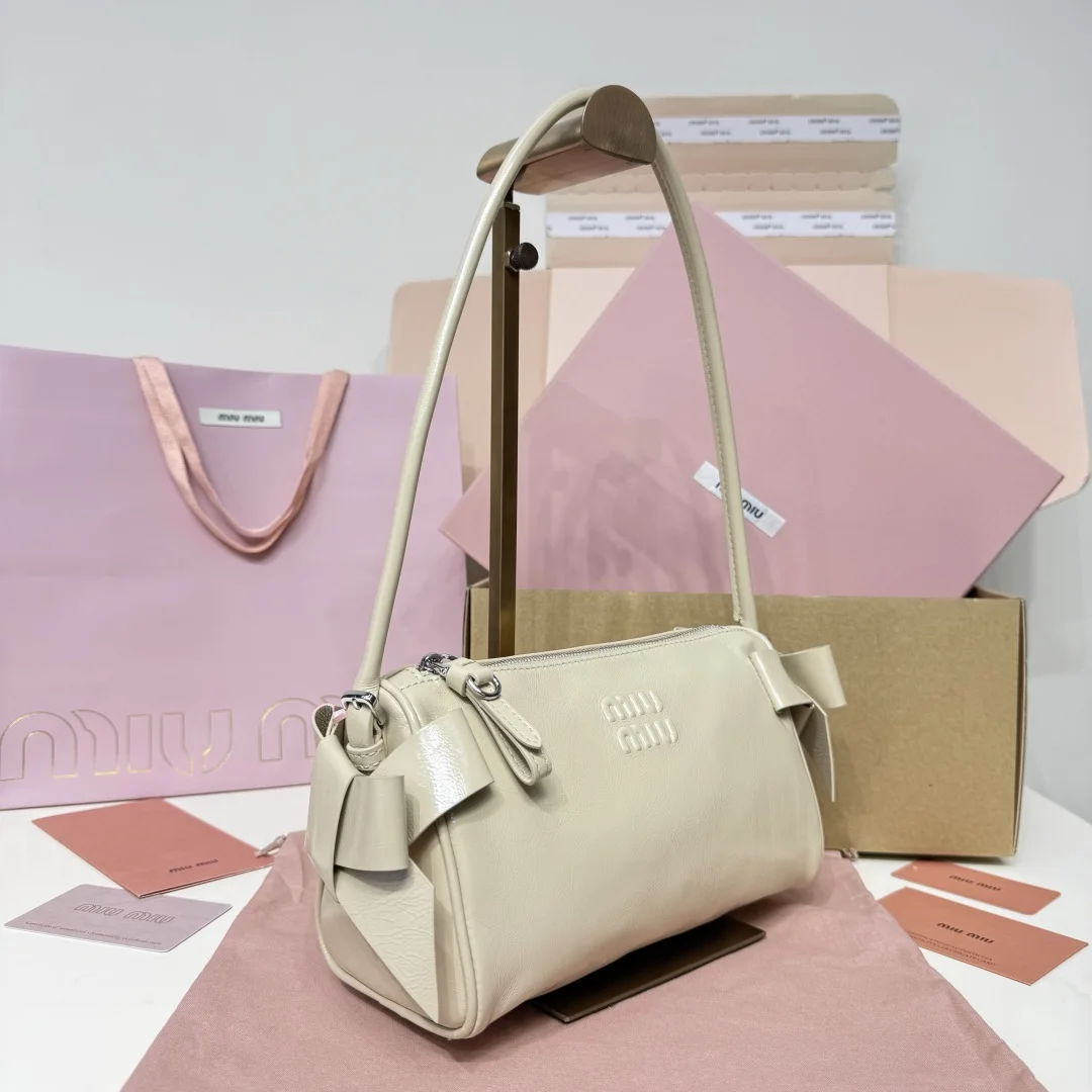 MIU MIU Shoulder Bags Waxed Leather Cream-Beige 22X13X6CM E8010063357 - Image 3