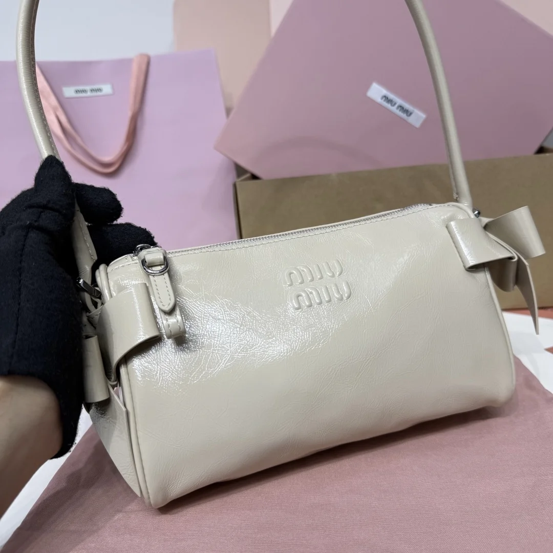 MIU MIU Shoulder Bags Waxed Leather Cream-Beige 22X13X6CM E8010063357 - Image 5