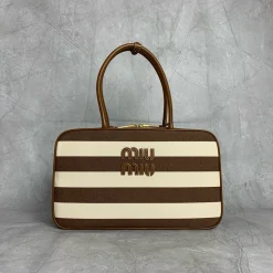 MIU MIU Top Handle Bags Canvas Leather Brown-White 20X34X10CM G0010062973