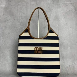 MIU MIU Totes Bags Canvas & Calfskin White-Navy 35X40CM E5010061850