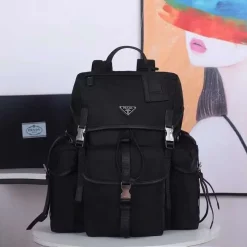 PRADA Backpacks Bags Fabric Leather Black-Silver 37X42X17CM F8010060189