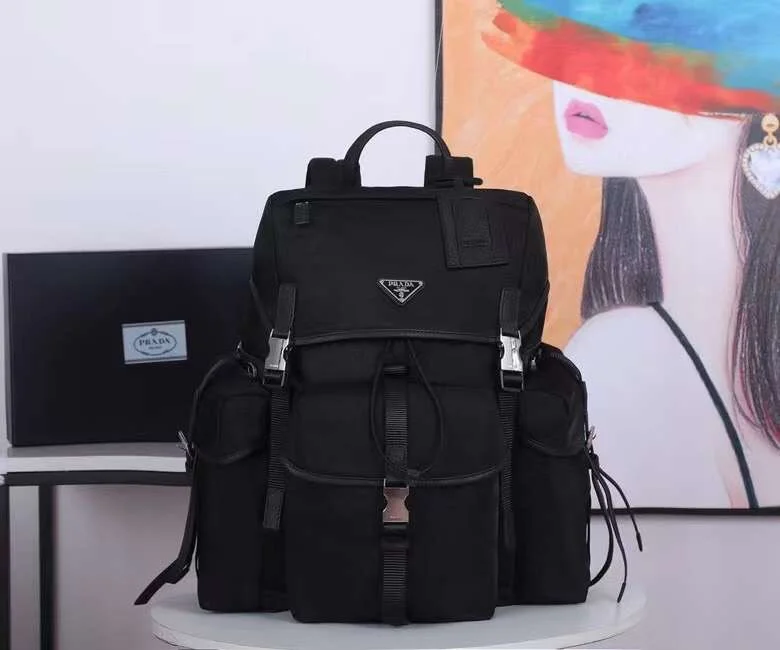 PRADA Backpacks Bags Fabric Leather Black-Silver 37X42X17CM F8010060189
