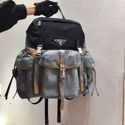 PRADA Backpacks Bags Fabric and Leather Black-Grey-Gray-Brown 37X42X17CM F8010060201
