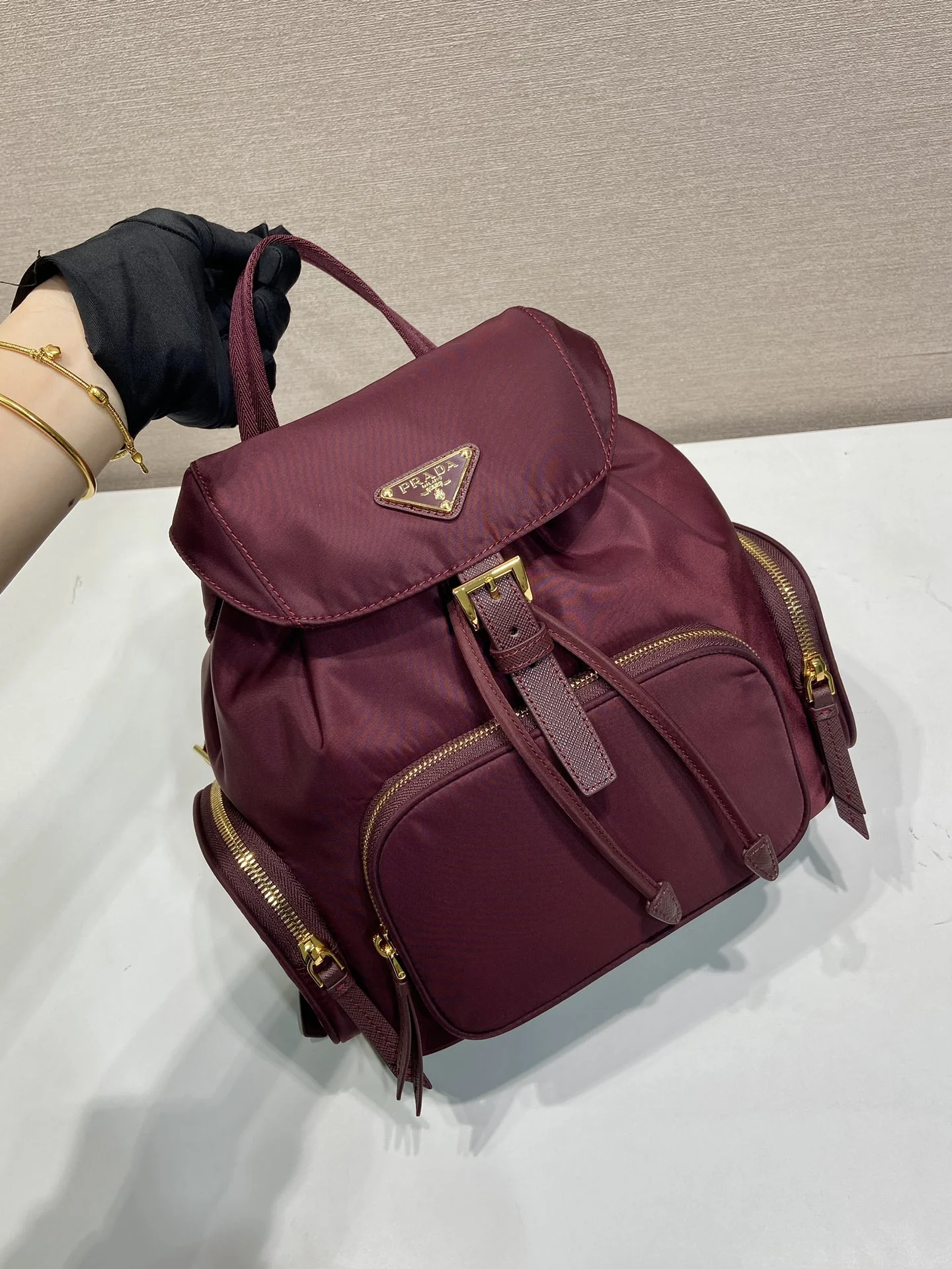 PRADA Backpacks Bags Nylon Burgundy-Gold 24.5X29X12CM D2010060147 - Image 3