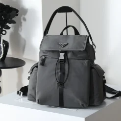 PRADA Backpacks Bags Recycled Nylon Leather Grey-Black 39X37X20CM F4010060271
