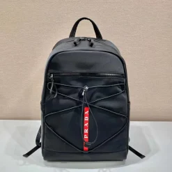 PRADA Backpacks Bags Saffiano Leather Nylon Black-Red 17X43X30CM E2010060185